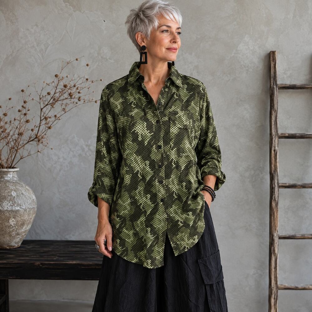 Tommy Hilfiger Green Camo Print Pop Over Military Blouse Large